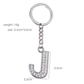 Detailed view of silver letter J keychain with rhinestones showing 2.3cm by 3.5cm size - Letter J