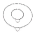 Set gioielli in acciaio inossidabile argento con catena tonda e ciondolo cuore cavo - Set Collana Bracciale Colore Acciaio (KS95087-Z)