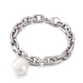 Bracciale a catena in acciaio al titanio argento con un grande ciondolo di perla bianca - 8mm Argento (KB155287-Z)