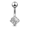 Macro view of stainless steel belly ring with a large square zircon and silver finish - Square-JE0039C