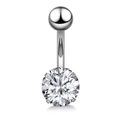 Polished stainless steel belly button ring with a large round clear zircon gemstone inlay - Round-JE0039