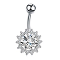 Polished stainless steel navel ring featuring a sun flower design with round cubic zirconia - Steel Sun Flower-JE0054