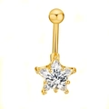 Detail shot of golden star belly button ring with sparkling round and triangle gemstones - Gold Small Star-JE0034