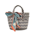 Handwoven basket bag in black and white geometric pattern with green floral scarf wrap - Black