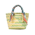 Handwoven trapezoid tote bag in yellow, green, and white with floral scarf handle - Yellow