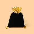 Elegant black velvet jewelry pouch with gold trim, beige drawstring and metal beads - S / Black