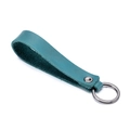 Teal genuine leather car keychain loop with dual metallic rings on white background - Navy Blue