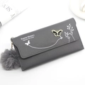 Elegant grey long wallet with butterfly decor, floral print and soft pompom charm - Gray