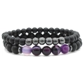 Matte black stone beaded bracelets set with purple agate and silver metallic spacers - Matte Black + Purple Agate / Purple Agate 2Pcs Set