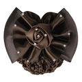 Macro view of dark brown satin bow hairnet with fabric rose and sparkling rhinestones - Coffee with Rhinestone Rose