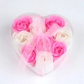 Pink and white soap roses in a heart-shaped gift box decorated with a delicate ribbon bow - Pink + White