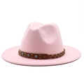 Pink wool fedora hat with brown leather band featuring turquoise beads and metal studs - Pink
