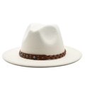 Classic cream fedora hat featuring a vintage brown leather band with turquoise studs - White