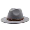 Close-up of grey felt fedora with woven leather band, copper rivets and turquoise stud - Light Gray