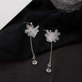 Detailed close-up of long gold chain earrings with white matte petals and clear teardrop - E2859-7/925 Sterling Silver Earring Post Thin Chain Waterdrop Flower
