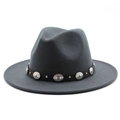 Dark grey wool felt fedora hat featuring a vintage metal buckle and black leather belt band - Dark Gray
