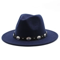 Detail of dark blue wool fedora hat featuring a black leather band with silver metal studs - Navy Blue