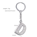 Silver metal letter D keychain with white rhinestones showing 3.5cm height dimensions - Letter D