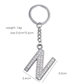 Detailed view of silver letter N keychain with sparkling rhinestones and dimensions - Letter N