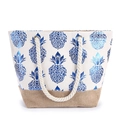 Cotton canvas tote with blue pineapple print, jute bottom and rope handles - Blue Pineapple