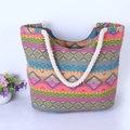Bohemian large capacity canvas tote bag with geometric print and cotton rope handles - Multicolor