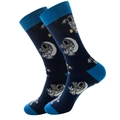 Navy blue crew socks featuring knit astronaut and planet patterns with sky blue accents - Blue Astronaut