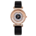 Montre élégante or rose pour femme avec lunette strass et bracelet cuir noir - Noir