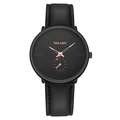 Minimalist men's black leather watch with rose gold indices and sub-dial on white background - Rose Gold Hands Black Case Black Leather Strap