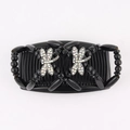 Detail of beaded hair comb with two sparkling rhinestone dragonfly ornaments on white background - Dragonfly Wood (Black)