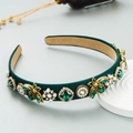 Detail of dark green satin headband with gold bee accents, rhinestones and pearls - Green