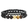 Matte black agate beaded bracelet set with polished tiger eye stones and magnetic charms - Matte Black + Coffee Stone / Coffee Tiger Eye 2Pcs Set