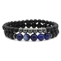 Two-piece beaded bracelet set with matte black stones, blue agate, and silver metal accents - Matte Black + Blue Stripe / Blue Stripe Agate 2Pcs Set