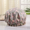 Waterproof double-layer shower cap featuring pink flamingo and green leaf patterns - Grey Large Flamingo