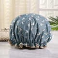 Blue double-layer waterproof shower cap with white flamingo prints and beige ruffle trim - Blue Bird