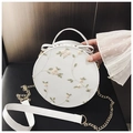 White round crossbody bag with floral embroidery, bow accent and gold chain strap - Round / White