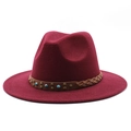 Detail of burgundy fedora hat featuring a brown leather band with turquoise beads - Burgundy