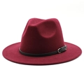 Detailed view of dark red wool fedora hat with black leather band and gold buckle accent - Burgundy