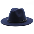 Close-up of dark blue wool fedora hat with black leather band and silver metal buckle - Navy Blue