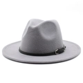 Detail view of grey wool fedora hat with flat brim and black leather buckle band - Light Gray