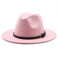 Classic pink wool felt fedora hat with wide brim and black leather belt for men and women - Pink