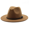 Classic camel wool fedora hat with flat wide brim and black leather band decoration - Light Coffee
