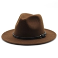 Detailed view of deep brown fedora hat with black leather belt and metal buckle - Dark Coffee