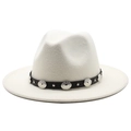Classic white wool felt fedora with black leather belt and silver metal stud accents - White