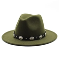 Detail of dark olive wool felt fedora with black leather belt and silver metal studs - M (56-58cm) / Army Green