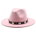 Detail of pink fedora felt hat featuring a black leather belt with silver metal studs - Pink