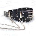 Black punk style belt with silver double chains and dual-prong metal buckle on white faux fur - Black with Chain