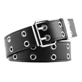 Black punk style belt with double-row silver metal eyelets and a square double-pin buckle - Black (No Chain)