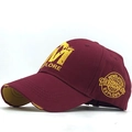 Deep red cotton baseball cap with yellow embroidery and distressed brim on white background - Adjustable / Burgundy