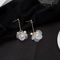 Detailed view of long petal pearl earrings with gold finish on black mesh fabric - E2859-1/925 Sterling Silver Earring Post Long Petal Pearl