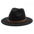 Sombrero Fedora clásico de lana negra con ala ancha y banda decorativa de cuero marrón - M (56-58cm) / Negro